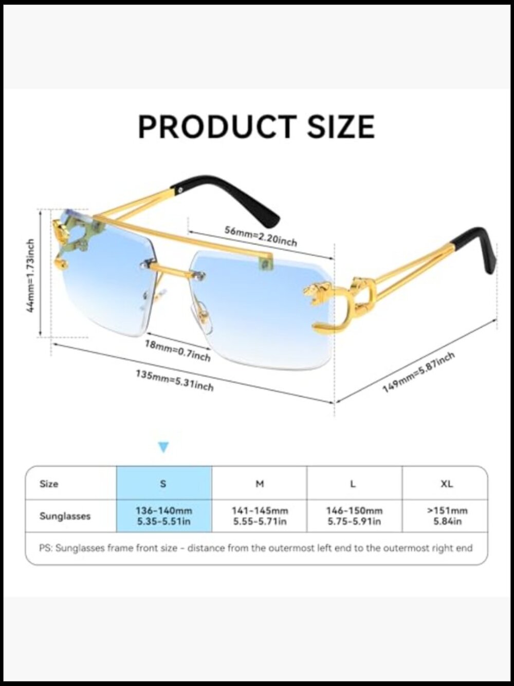 Metal Frameless Rectangle Sunglasses UV400 Protection Adjustable Fit - Picture 6 of 7